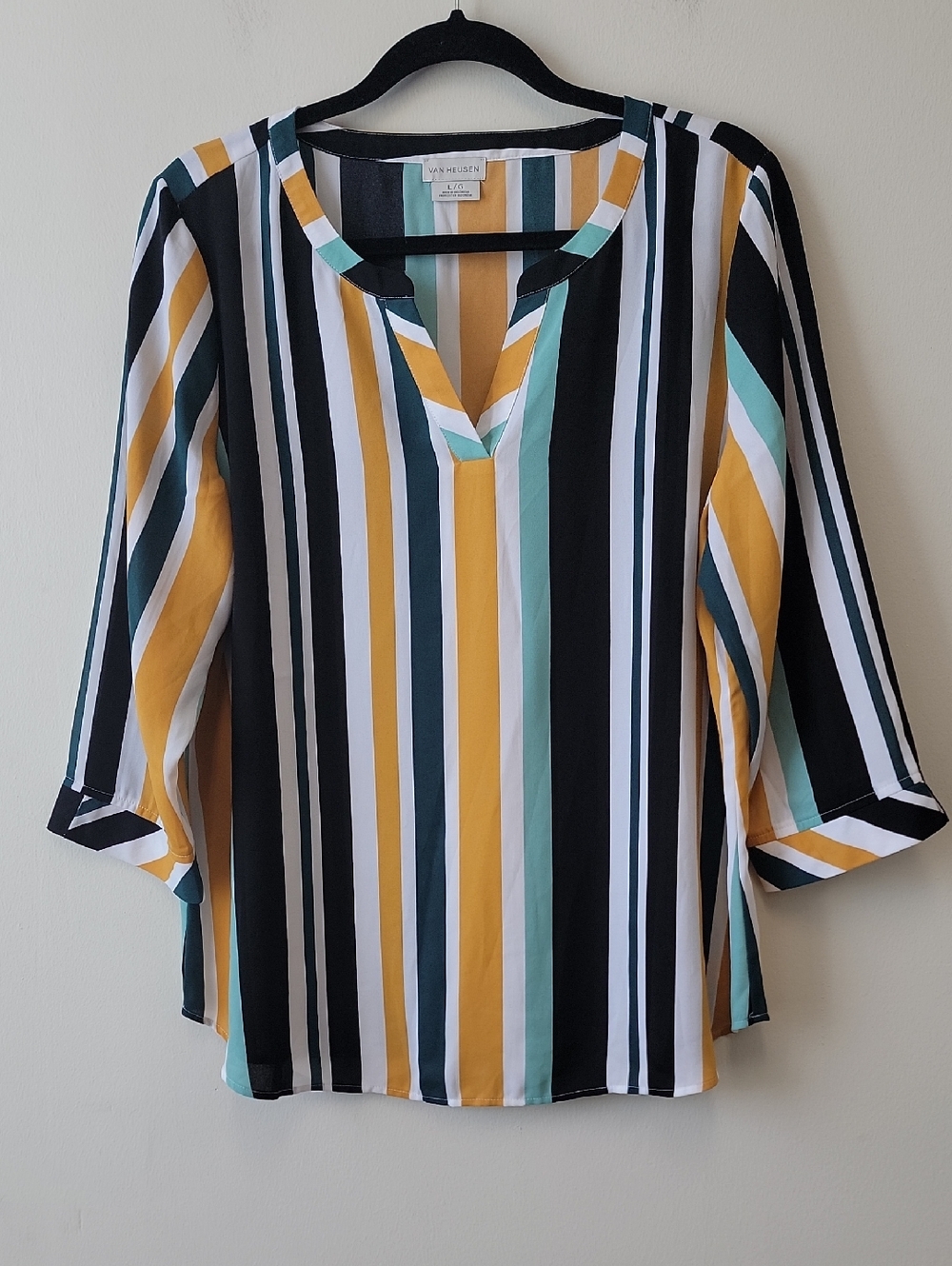 Van Heusen Striped V-Neck Office Blouse in Mustard, Teal & Black